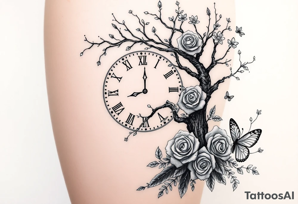 a big clock, big poisoned tree, big and small roses, big and small butterflies tattoo idea