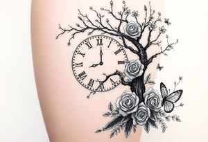 a big clock, big poisoned tree, big and small roses, big and small butterflies tattoo idea