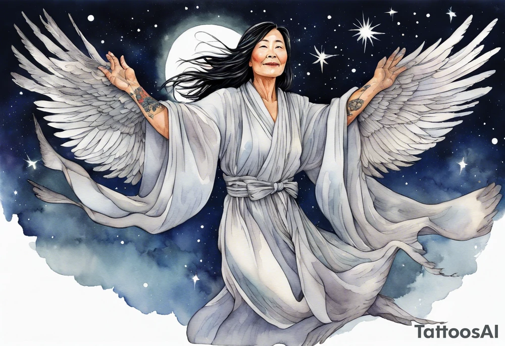 a beautiful 55 year old Dakota woman wearing a silver robe, flying in the night sky with raven wings, bare feet tattoo idea