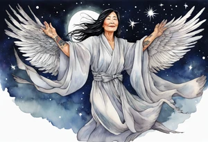 a beautiful 55 year old Dakota woman wearing a silver robe, flying in the night sky with raven wings, bare feet tattoo idea