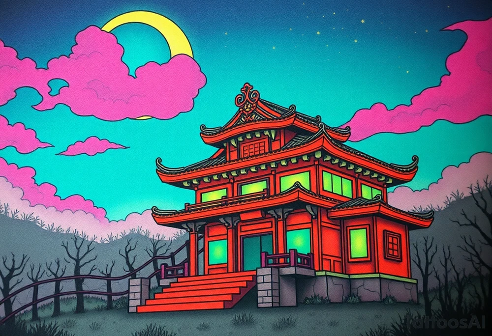 Tim Burton’s haunted pastel Tokyo shrine is abandoned and dripping with muted reds, dusty pinks, and eerie green glow.purple and cyan smokey clouds swirl in the crescent moonlit sky thats sprinkled with stars tattoo idea tattoo idea