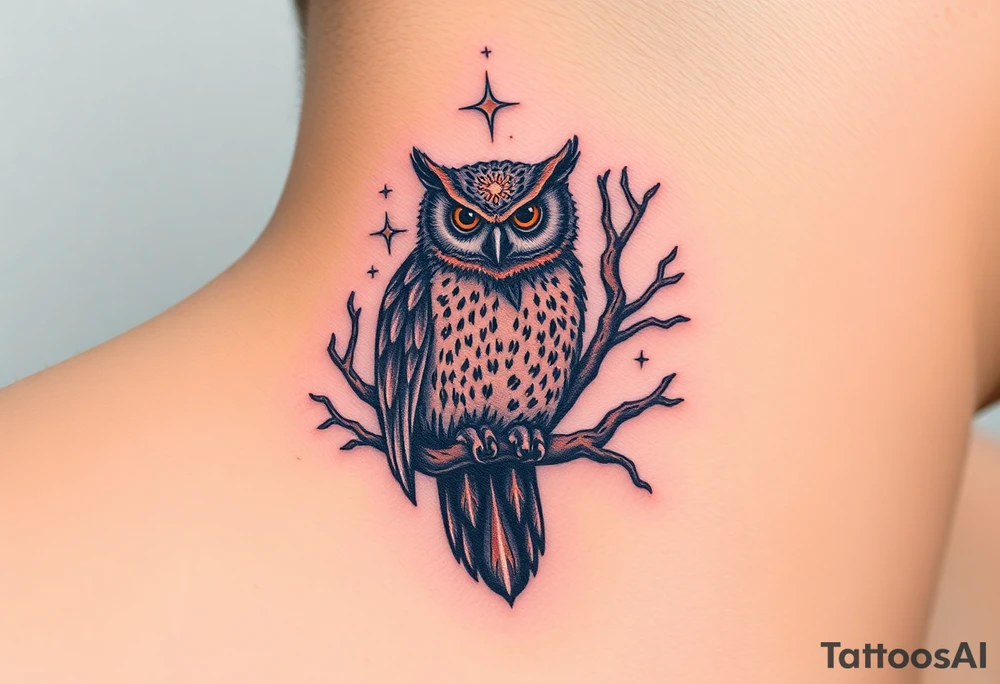 wise owl perched on ancient oak branch under starlit sky tattoo idea