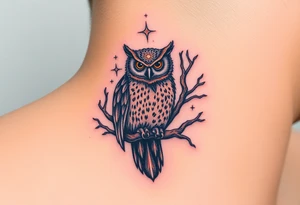 wise owl perched on ancient oak branch under starlit sky tattoo idea