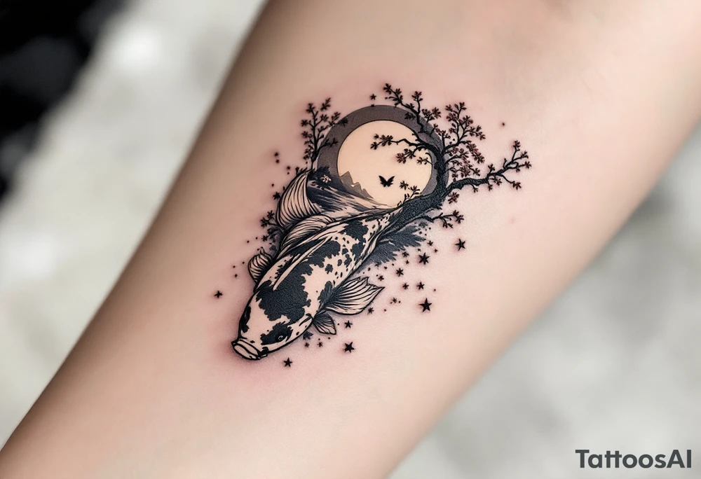 a koi fish swimming upstream in a pond moonlight by the full moon with a sakura tree by the pond tattoo idea