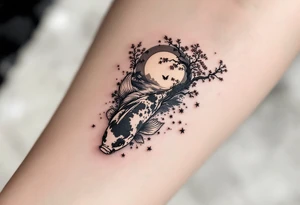 a koi fish swimming upstream in a pond moonlight by the full moon with a sakura tree by the pond tattoo idea