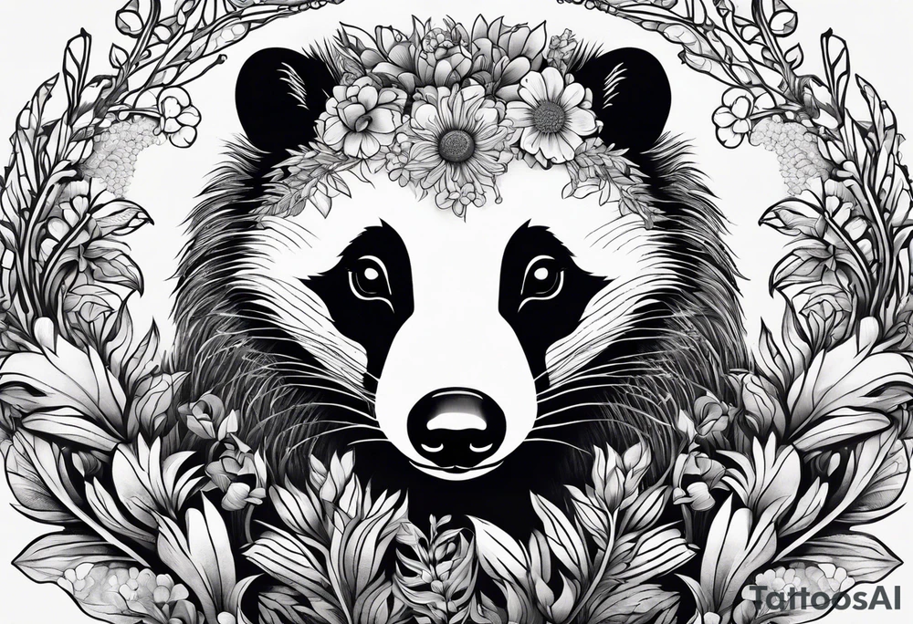 A trippy black and white tattoo of a badger, flowers, a field of wheat, forest and fractals tattoo idea