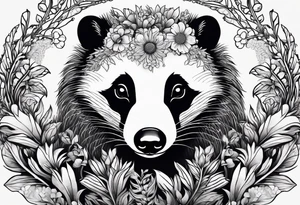 A trippy black and white tattoo of a badger, flowers, a field of wheat, forest and fractals tattoo idea