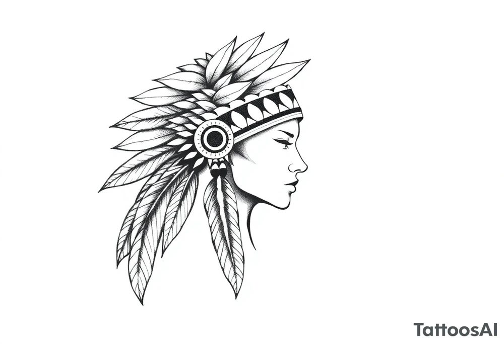 Female Native American detailed feather headdress tattoo idea