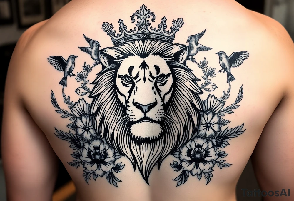 powerful majestic lion with a crown, surrounded by floral ornaments and birds tattoo idea