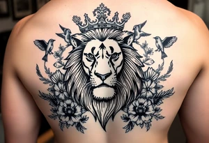 powerful majestic lion with a crown, surrounded by floral ornaments and birds tattoo idea