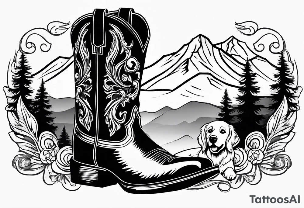 cowboy boot and mountains and a golden retriever tattoo idea