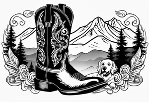 cowboy boot and mountains and a golden retriever tattoo idea