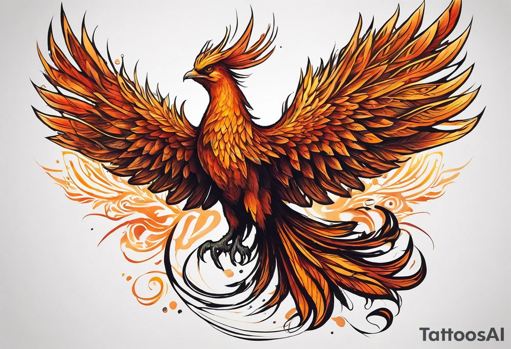 Tattoo: A powerful, majestic phoenix, depicted mid-flight or rising, with wings extended and feathers flowing. Deep shading and intricate details to bring out the texture and motion of the feathers. Style: Realism. tattoo idea