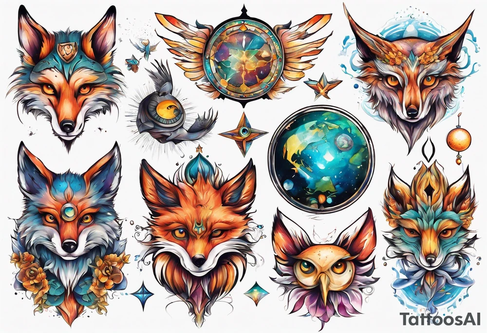 fisch, fuchs und eule , symetrie universum, bunt tattoo idea