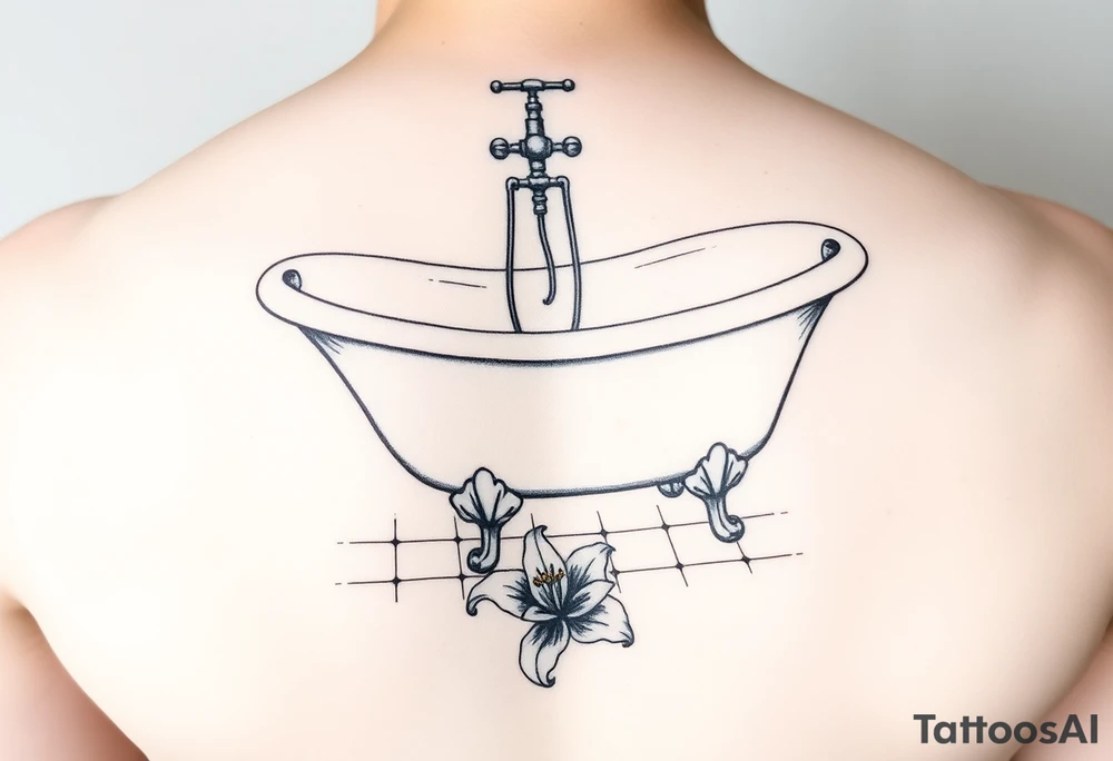 clawfoot bathtub with faucet on a tile floor and lily coming up out the floor tattoo idea