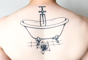 clawfoot bathtub with faucet on a tile floor and lily coming up out the floor tattoo idea