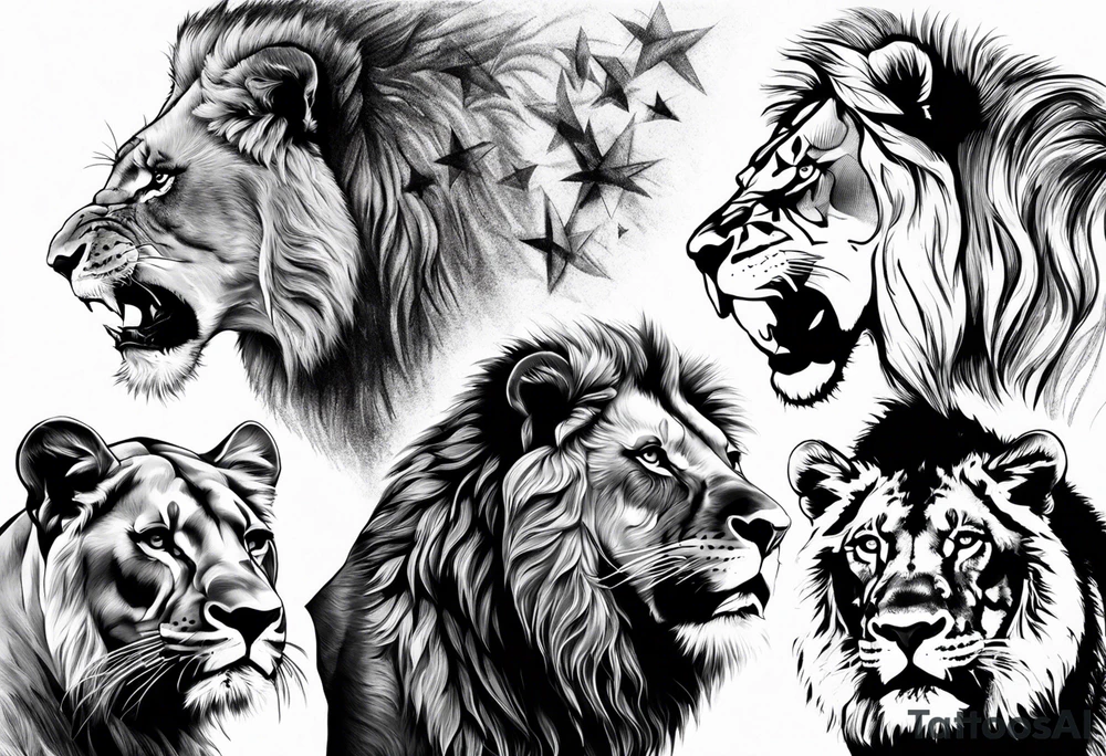 One roaring lion, next to it a roaring lioness, below them 3 roaring lion cubs and around a Star of David tattoo idea