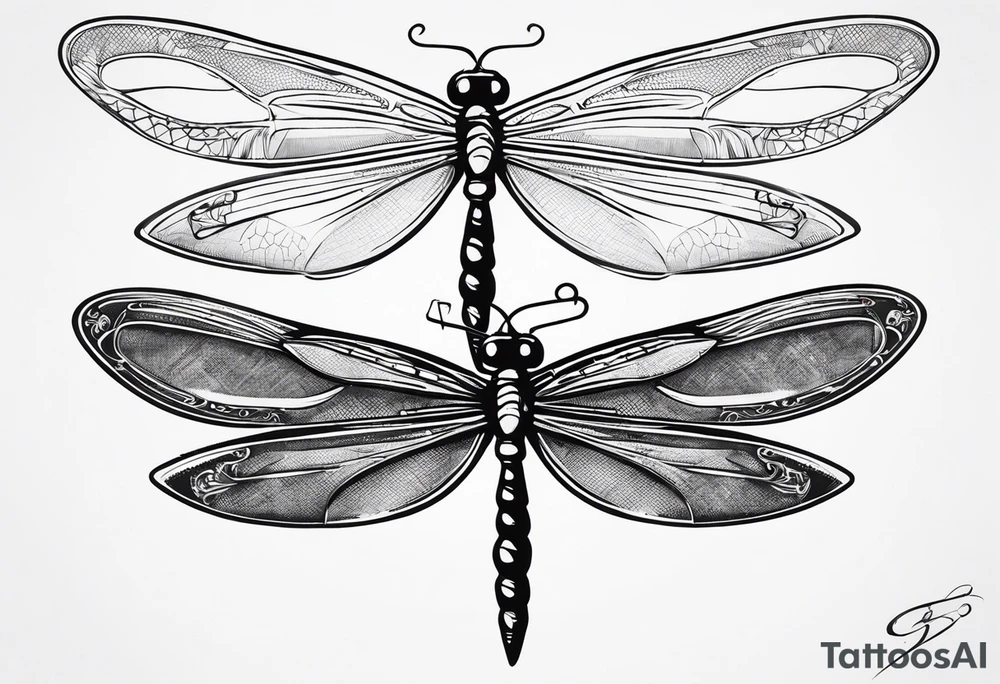 2 Dragonflies one with a lock as the chest 
and the other has a key for the tail fine black line style tattoo idea