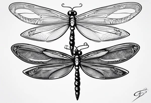 2 Dragonflies one with a lock as the chest 
and the other has a key for the tail fine black line style tattoo idea