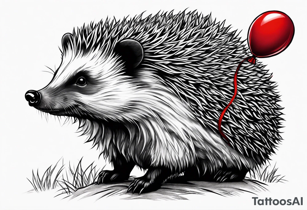 small hedgehog with a red balloon. A big grizzly screaming and he leans over the hedgehog. tattoo idea