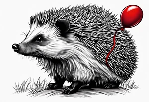 small hedgehog with a red balloon. A big grizzly screaming and he leans over the hedgehog. tattoo idea