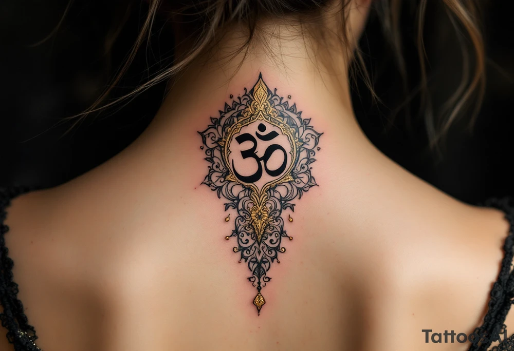 Mantra "Om Mani Padme Hum" in black ink with gold accents, expressing the essence of compassion. tattoo idea