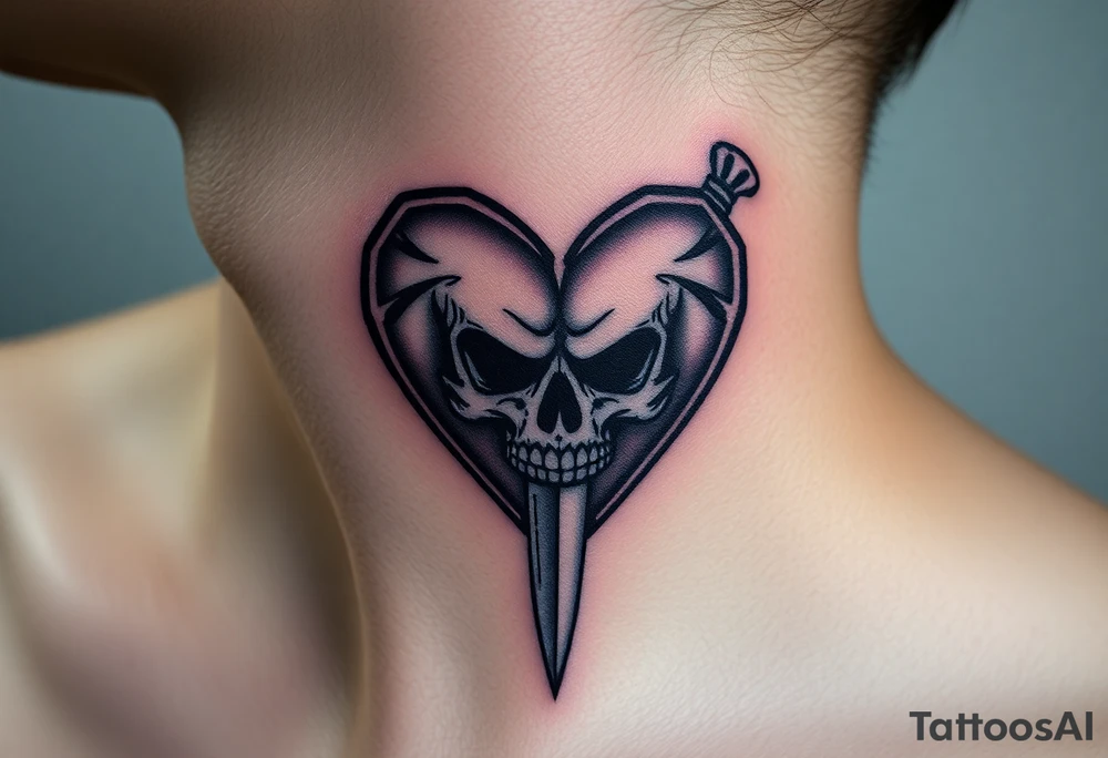 A broken heart with a shadow skull and a knife showing no remorse with all my pains in my life tattoo idea