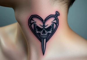 A broken heart with a shadow skull and a knife showing no remorse with all my pains in my life tattoo idea