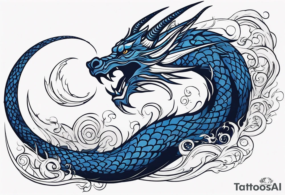 An epic floating dragon. Its long body coiling dynamically, with scales and horns detailed to create a sense of movement and strength. The dragon's main color is midnight blue, giving a vibrant depth and a mystical aura. This tattoo highlights the dragon’s fierce expression and sharp claws. tattoo idea