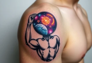 A powerful Atlas holding the celestial sphere, his muscles straining under a galaxy-filled globe in shades of deep purples, blues, and shimmering gold tattoo idea