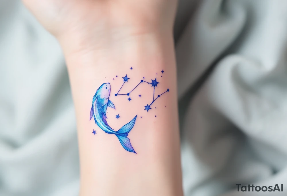 A delicate watercolor Pisces constellation tattoo in soft blues and purples symbolizes the dreamy essence of the zodiac sign. tattoo idea