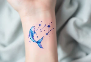 A delicate watercolor Pisces constellation tattoo in soft blues and purples symbolizes the dreamy essence of the zodiac sign. tattoo idea