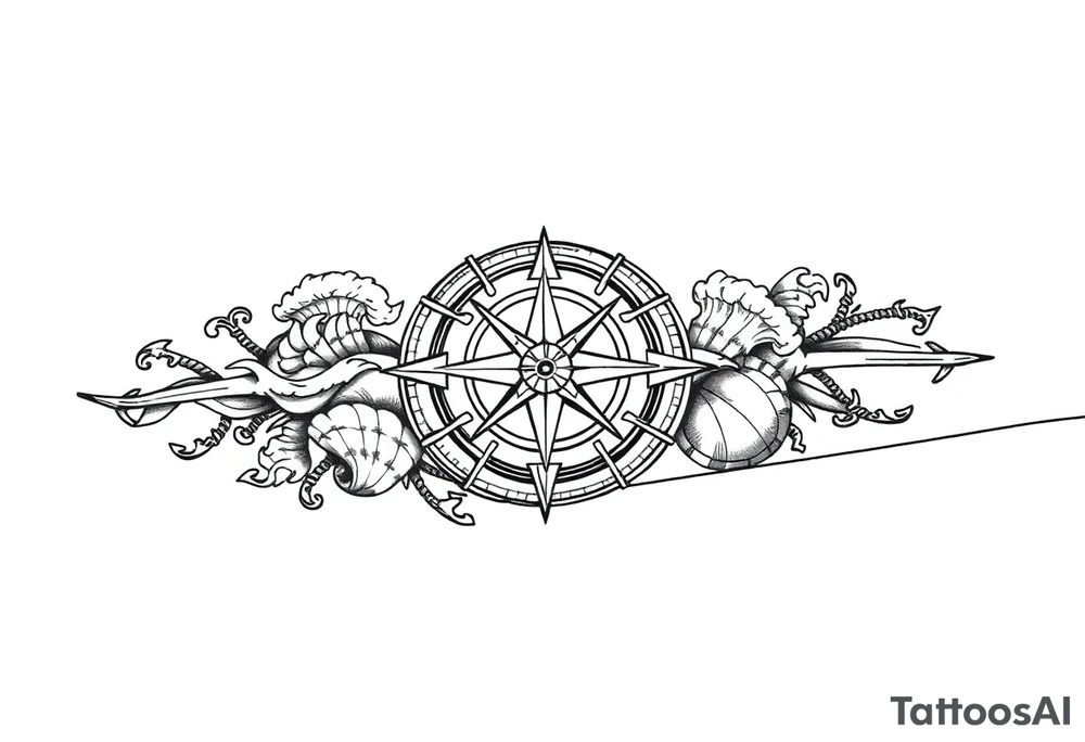 Wrap-around tattoo design for forearm, black and white line art. Central Vegvísir (Norse compass) symbol as the core element, with circular frame of stylized ocean waves, foam, shells and anchors that flow continuously around the arm. Balanced, mythological marine theme, fine details but not overcrowded. Clear outlines, high contrast, stencil-ready for tattoo. tattoo idea