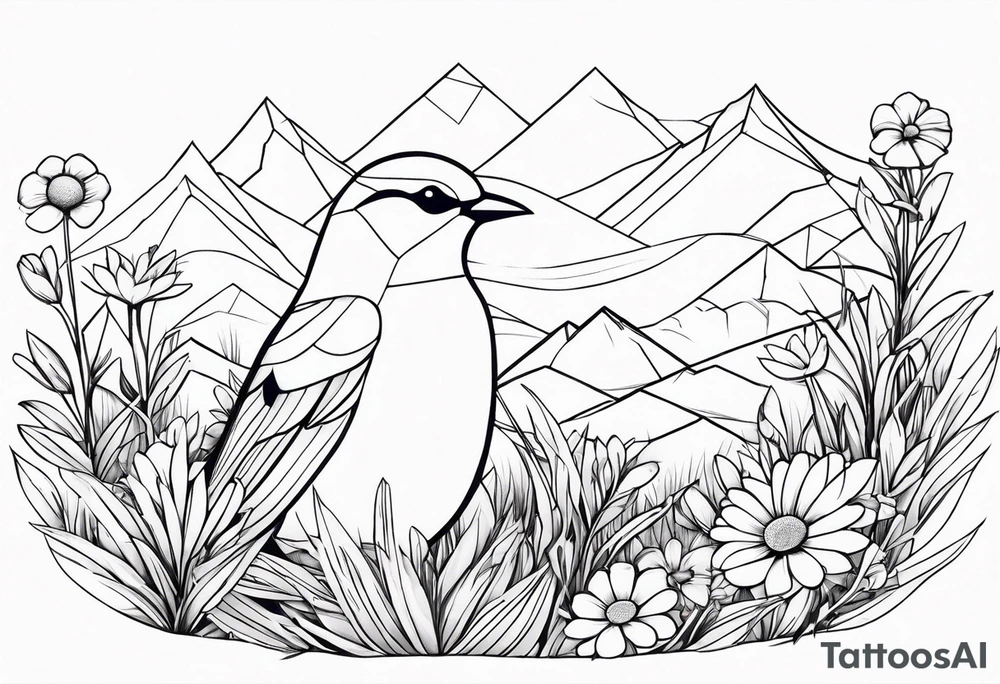Geometric Black and white blue bird outline sitting in grass and daisys with mountains tattoo idea