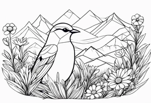 Geometric Black and white blue bird outline sitting in grass and daisys with mountains tattoo idea