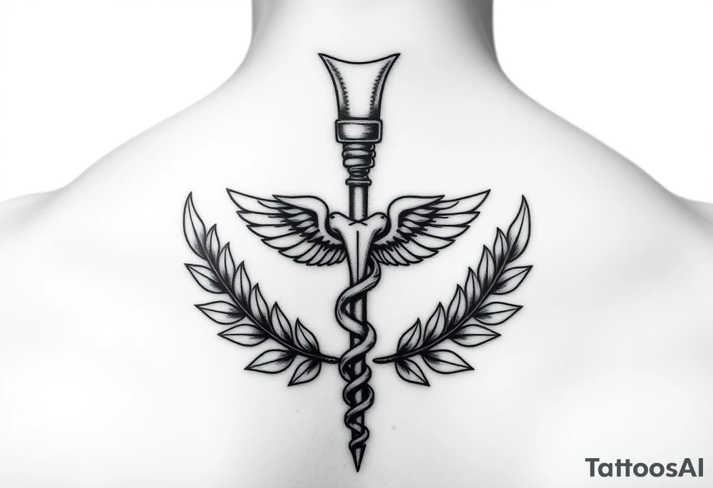 A caduceus-style staff where the top is a small molar tooth instead of wings, surrounded by laurel leaves, line-art design.” tattoo idea