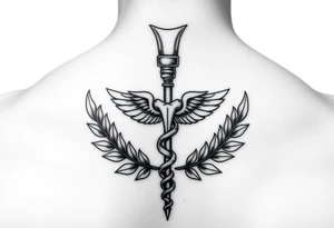 A caduceus-style staff where the top is a small molar tooth instead of wings, surrounded by laurel leaves, line-art design.” tattoo idea