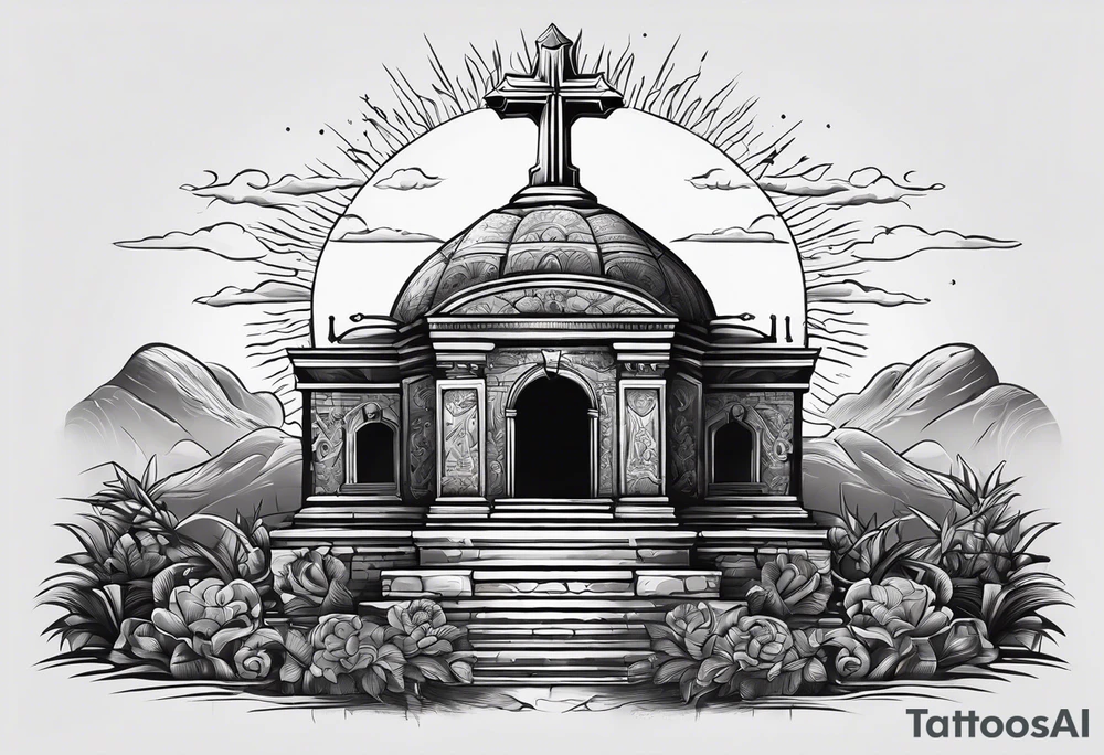 Tomb with cross and sun in the background tattoo idea