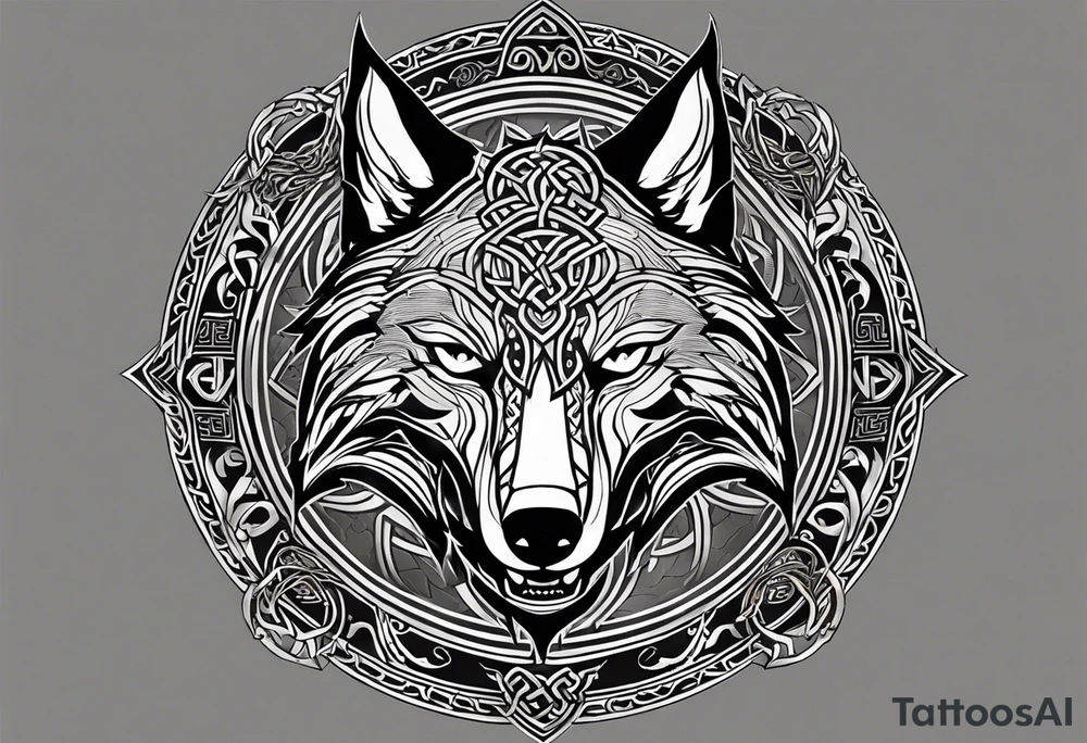 A powerful tattoo design combining Nordic, Greek, and Celtic symbols to represent someone who made you believe in humanity's goodness, only to turn out to be its ultimate betrayer. The centerpiece is a snarling wolf, symbolizing Fenrir, with glowing eyes and an open mouth, representing betrayal and destruction. Surrounding the wolf is the Ouroboros, a serpent eating its own tail, symbolizing the endless cycle of trust and betrayal. The Triskelion, with its three interlocking spirals, appears in the background or as a border, representing the shifting balance between light and dark. Incorporate fire and ice elements to reflect the contrast between warmth (trust) and coldness (betrayal), with Celtic knotwork and runes adding ancient, mystical depth to the design. tattoo idea