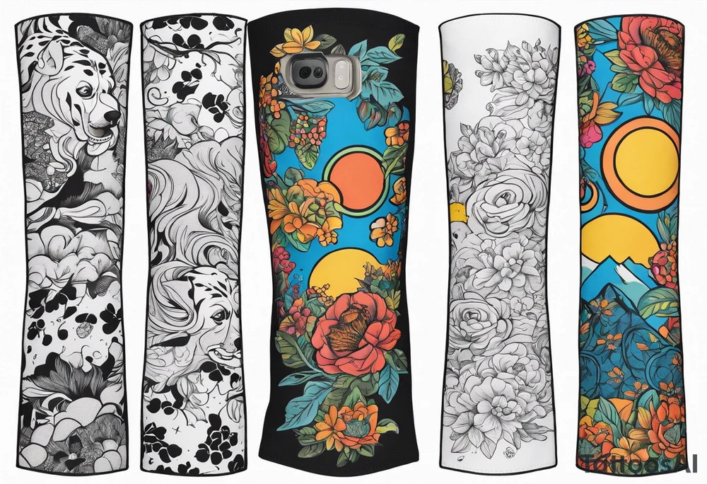 Arm sleeve that has 4 separate small Great Dane heads mixed in with other fill work that resembles the outdoors tattoo idea