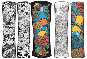 Arm sleeve that has 4 separate small Great Dane heads mixed in with other fill work that resembles the outdoors tattoo idea