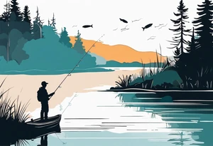 Fishing rod on a lake bank
do not put a fish in the picture fine line silhouette tattoo idea