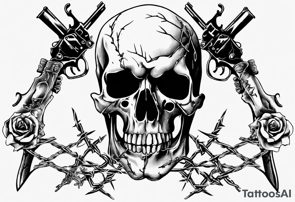 Skulls, barbed wire, guns tattoo idea