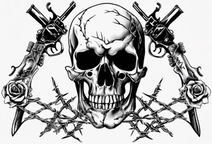 Skulls, barbed wire, guns tattoo idea