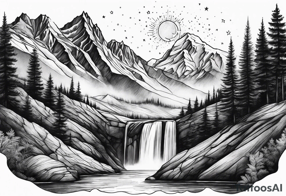 mountains, nature, stars, cross, waterfall, water tattoo idea