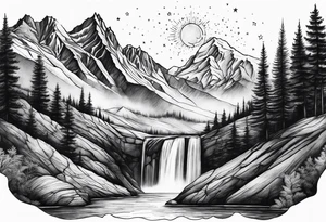 mountains, nature, stars, cross, waterfall, water tattoo idea