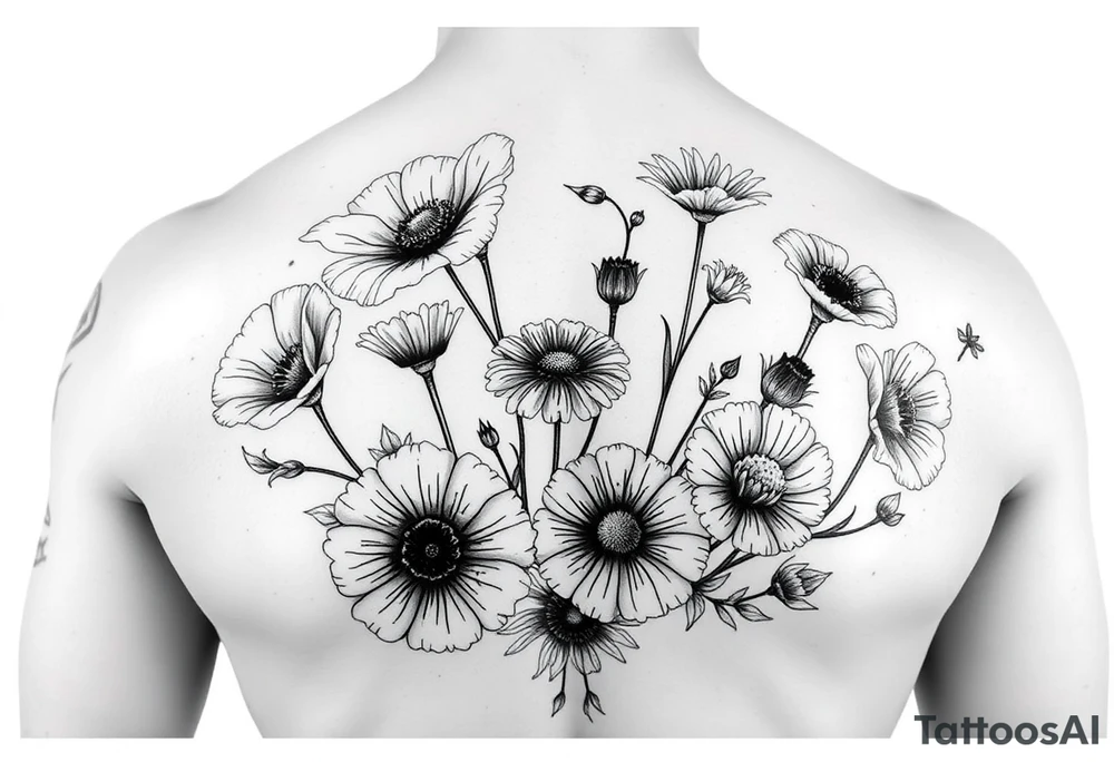 Create an image of an upper arm tattoo (from shoulder cap to just above the elbow) comprised of California poppies, California blackberries, gray’s lupine, marsh marigold, Indian paintbrush, one daisy, and an orange and orange blossom tattoo idea