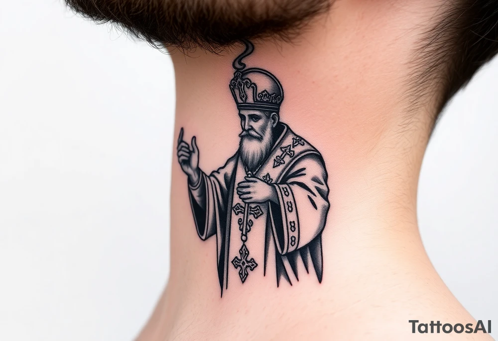 Russian Orthodox Priest in a fully detailed gold vestment swinging a censer with smoke curling upward tattoo idea