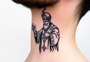 Russian Orthodox Priest in a fully detailed gold vestment swinging a censer with smoke curling upward tattoo idea