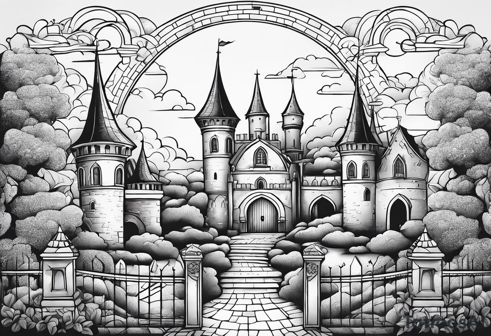 sky medieval town garden with towers small houses gate entrance clouds
in rounded vignette tattoo idea